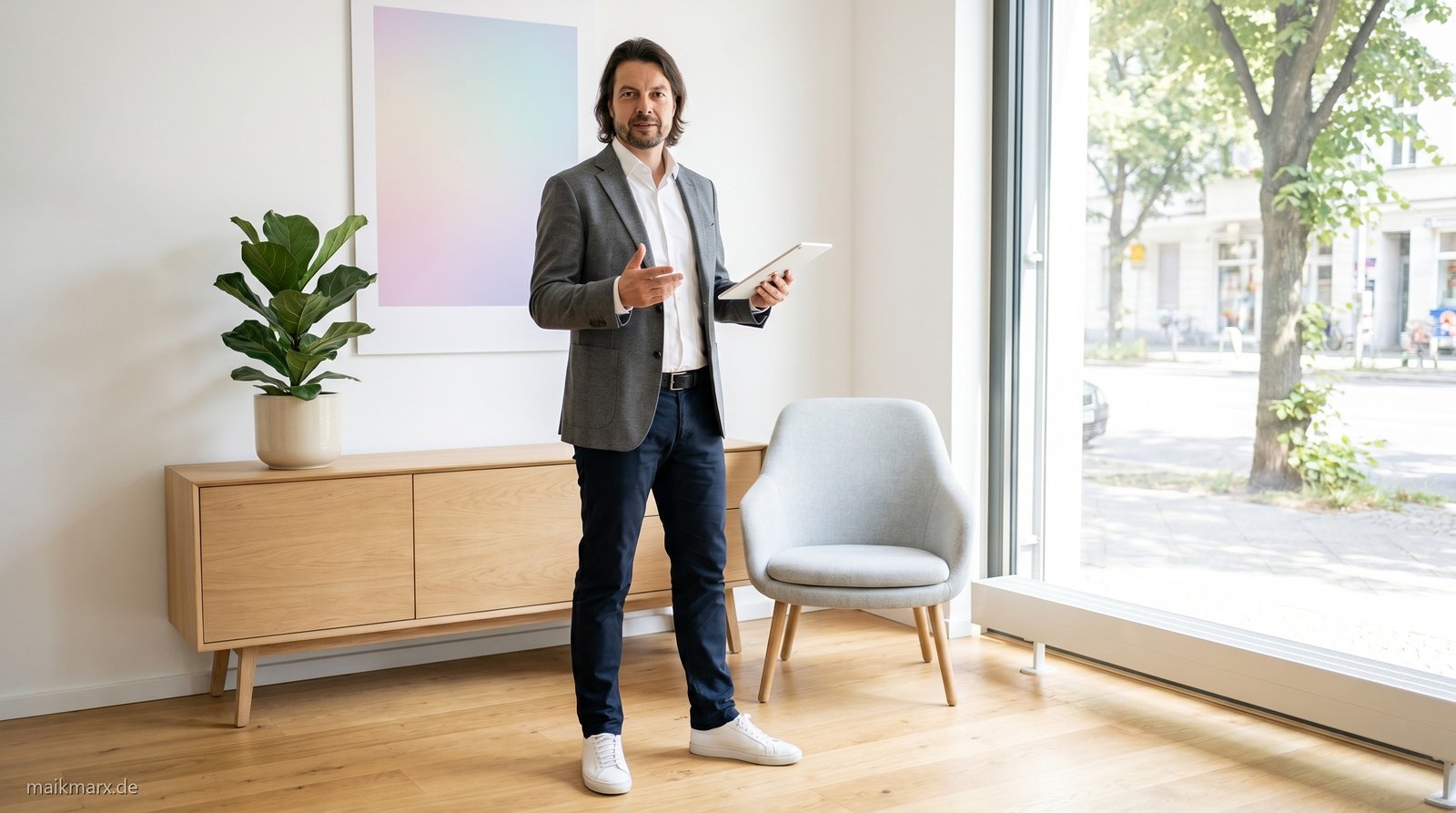 Maik Marx in seinem modernen Berliner Beratungsbüro, im Coaching-Gespräch